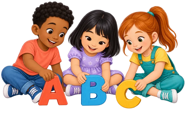 Três crianças sorridentes brincando com as letras A, B e C