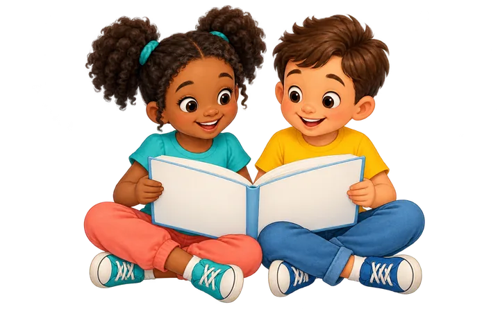 Duas crianças sentadas no chão, sorrindo, lendo um livro juntas